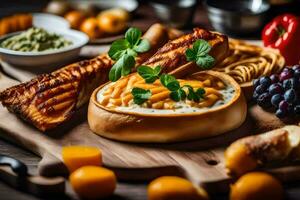 food on a cutting board with bread, cheese and vegetables. AI-Generated photo