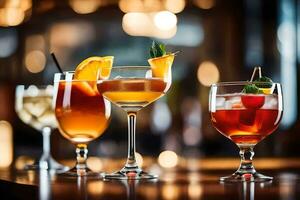 Tres diferente tipos de alcohólico bebidas en un bar. generado por ai foto