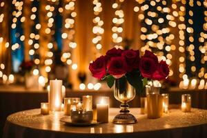 a table with candles and roses in front of a backdrop of lights. AI-Generated photo