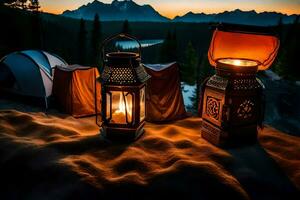 camping lanterns on the beach at sunset. AI-Generated photo