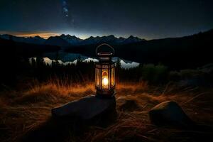 un linterna es iluminado arriba en el medio de un campo a noche. generado por ai foto
