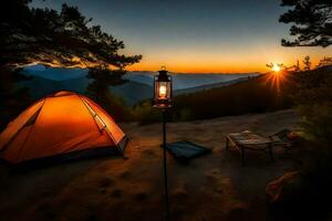 a tent and lantern are set up on a mountain at sunset. AI-Generated photo