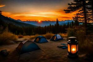 the sun sets over the mountains and campers. AI-Generated photo