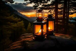 lanterns in the mountains at sunset. AI-Generated photo