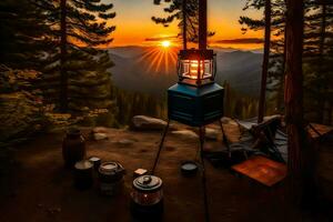 un acampar estufa y un linterna en el bosque a puesta de sol. generado por ai foto