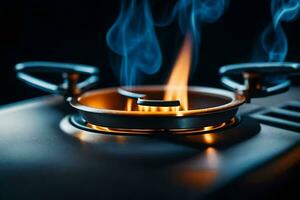 a close up of a gas stove with flames. AI-Generated photo