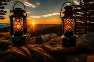 two lanterns on a rock in front of a sunset. AI-Generated photo