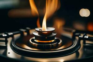 a close up of a gas stove with flames. AI-Generated photo