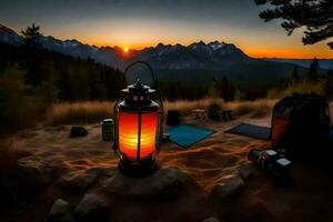 a lantern is lit on the ground in front of a mountain. AI-Generated photo