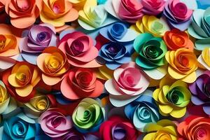 a large group of colorful paper roses. AI-Generated photo