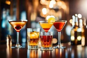 five different types of alcoholic drinks on a bar counter. AI-Generated photo