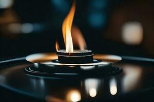 a close up of a burning candle on a table. AI-Generated photo