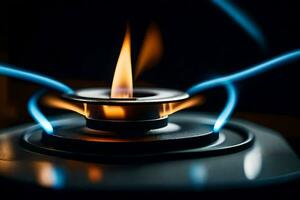 a close up of a gas burner with blue flames. AI-Generated photo