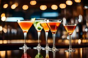 five different types of alcoholic drinks on a bar. AI-Generated photo