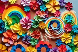 colorful paper flowers are arranged on a wall. AI-Generated photo