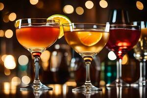 three different types of alcoholic drinks on a bar. AI-Generated photo