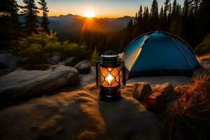 un cámping linterna es iluminado a puesta de sol en el montañas. generado por ai foto