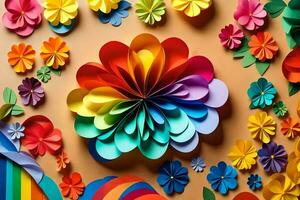 colorful paper flowers arranged in a rainbow pattern. AI-Generated photo