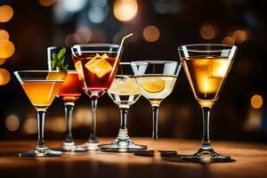 a group of different alcoholic drinks on a table. AI-Generated photo