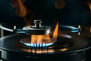 a gas burner on top of a stove with flames. AI-Generated photo