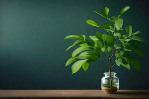 un pequeño planta en un vaso tarro en un de madera mesa. generado por ai foto