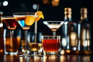 a variety of alcoholic drinks are lined up on a table. AI-Generated photo