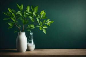 a green plant in a white vase on a table. AI-Generated photo