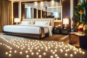 un hotel habitación con velas iluminado alrededor el cama. generado por ai foto