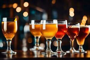 a row of glasses with different types of alcohol. AI-Generated photo
