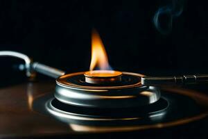 a burning candle on a stove top. AI-Generated photo