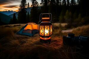 a lantern is lit up in the middle of a field. AI-Generated photo