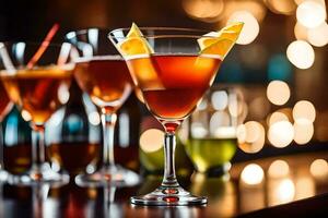 three different types of alcoholic drinks on a bar. AI-Generated photo