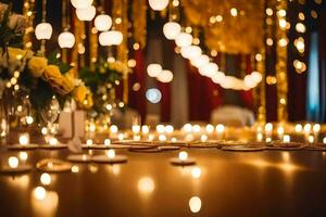 un mesa con velas y flores en frente de un oro cortina. generado por ai foto