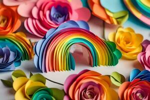 a rainbow and paper flowers are arranged together. AI-Generated photo