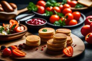 pancakes with tomatoes and other ingredients on a cutting board. AI-Generated photo