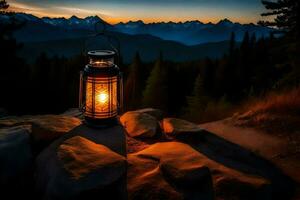 a lantern is lit up on a rock in front of a mountain. AI-Generated photo