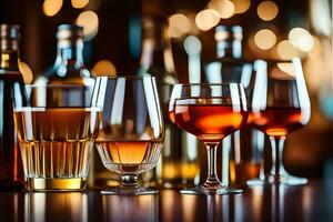 a group of different types of alcohol on a table. AI-Generated photo