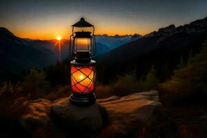 a lantern is lit on top of a mountain at sunset. AI-Generated photo