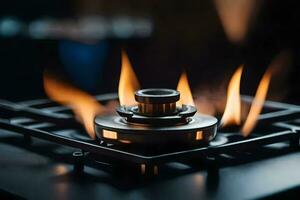 a gas stove with flames on it. AI-Generated photo