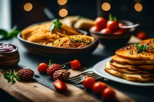 pancakes and other foods on a table. AI-Generated photo