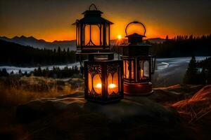 lanterns in the mountains at sunset. AI-Generated photo