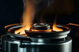 a close up of a stove with a flame. AI-Generated photo