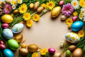 easter eggs and flowers on a brown background. AI-Generated photo