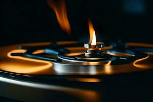 a close up of a burning candle on top of a gas stove. AI-Generated photo