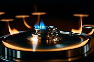 a close up of a gas burner on a stove. AI-Generated photo