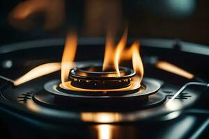 a close up of a gas stove with flames. AI-Generated photo