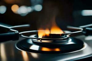 a gas stove with flames on it. AI-Generated photo