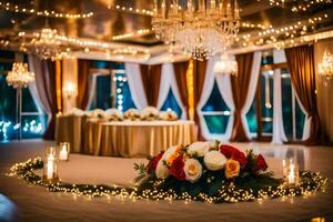 a wedding reception with candles and flowers. AI-Generated photo