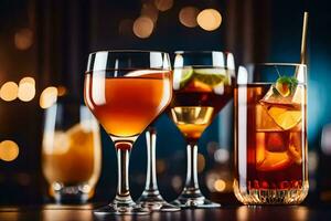 three glasses of different alcoholic drinks on a bar. AI-Generated photo