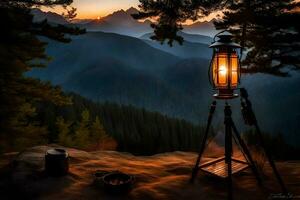 a lamp and tripod on a mountain top. AI-Generated photo